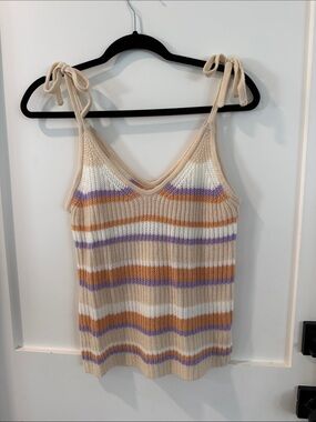 Tie-Strap Knit Stripe Tank Top - Beige & Lavender by Pink Lily